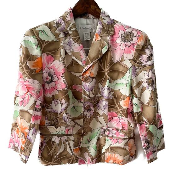 Vintage Jackets & Blazers - Chadwick's vintage 100% silk floral cropped blazer jacket pink tan size 4